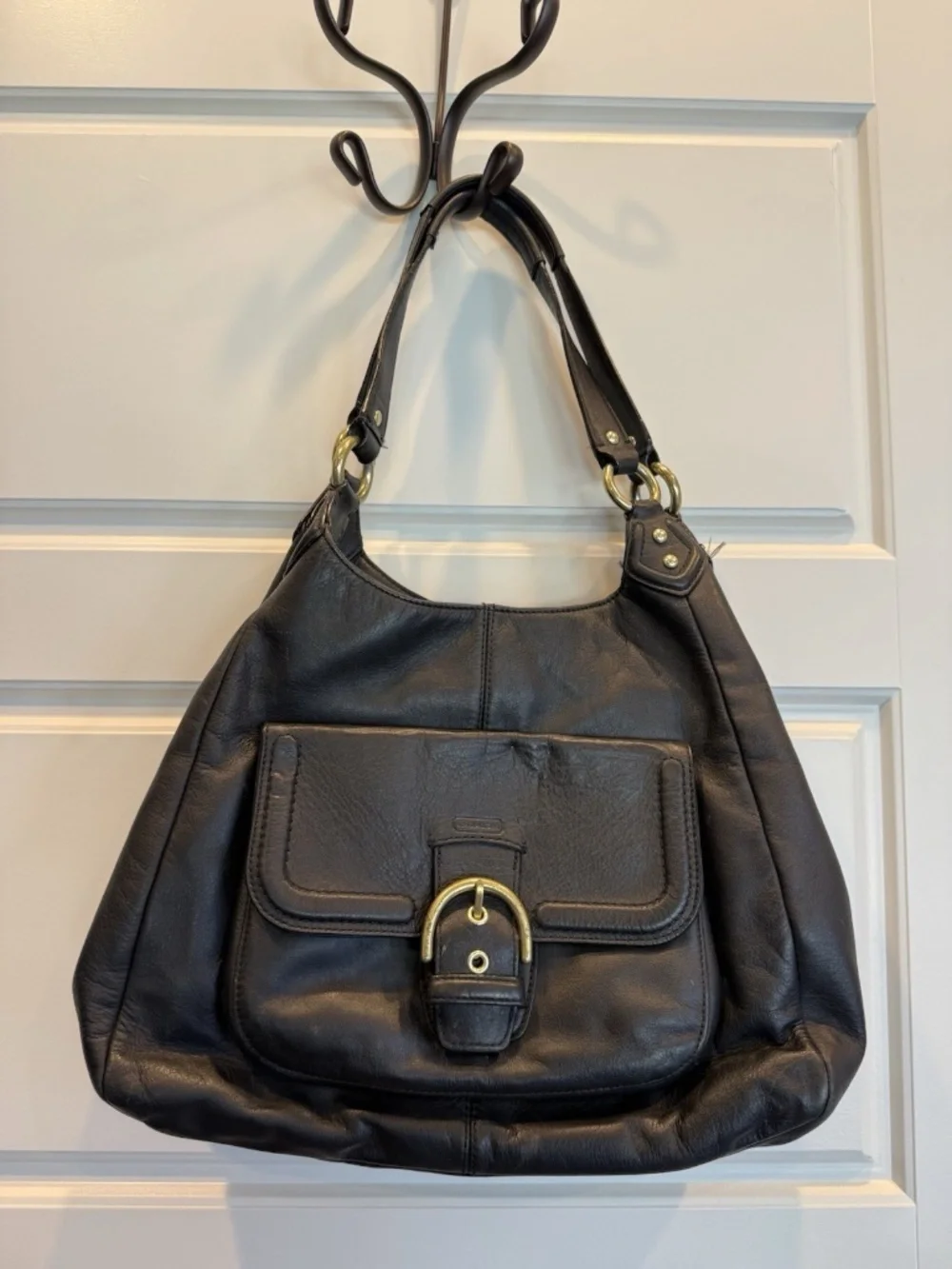COACH Campbell F24686 Black Leather Large Hobo Shoulder Bag Chunky Brass Buckle